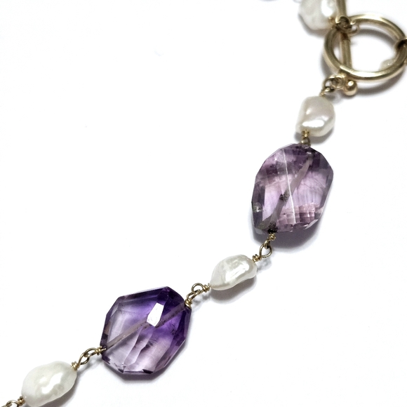 14K Gold Amethyst Pearl Drop Necklace - Picture 9 of 12